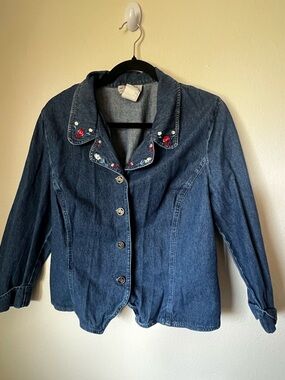 Vintage Embroidered Denim Jacket Floral Collar Cottagecore Large